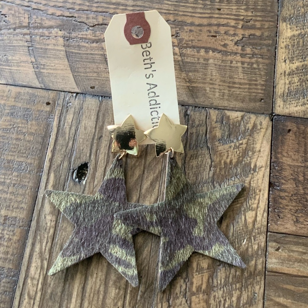 Beth’s Addiction Camo Cowhide Star Earrings